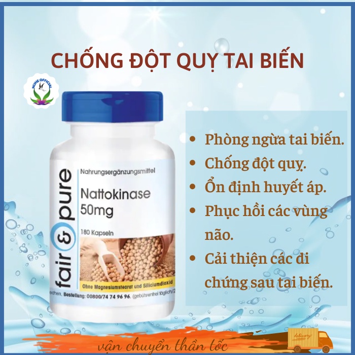 Viên uống chống đột quỵ, tai biến Nattokinase 50mg Fair & Pure 180 viên nội địa Đức - Nuhe Official