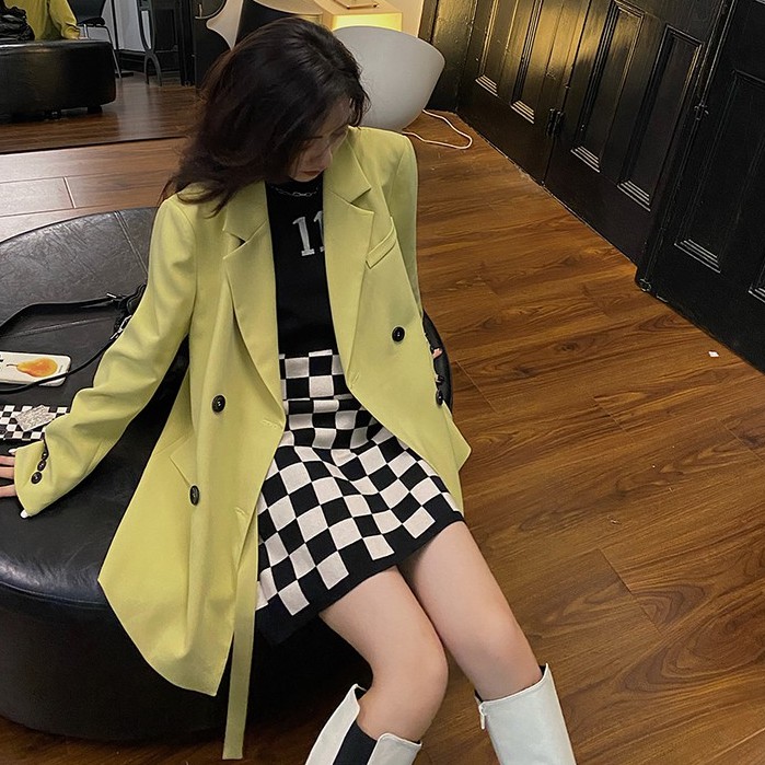 Chân váy dệt kim lưng cao dáng chữ A họa tiết kẻ caro đen trắng thời trang Hàn Quốc