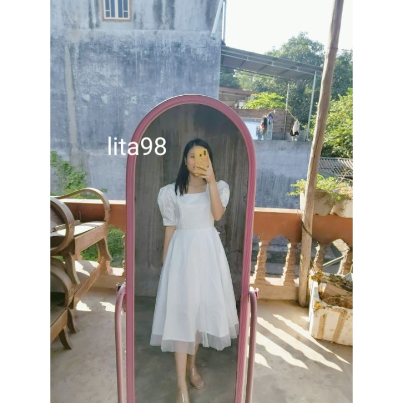 váy trắng cô dâu, váy cưới công chúa dự tiệc cổ vuông khoét lưng thắt nơ sẵn size S, M kèm ảnh thật MS022 | BigBuy360 - bigbuy360.vn