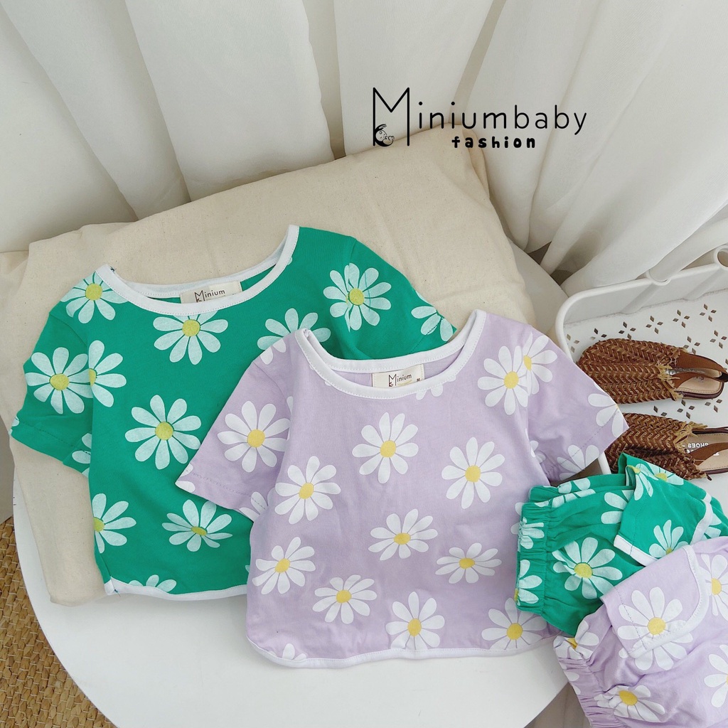 Bộ cotton bé gái hoạ tiết hoa cúc, bộ thun bé gái cotton mềm