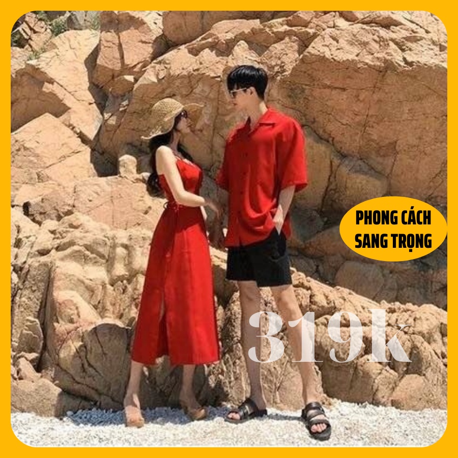 Đồ đôi nam nữ đẹp, đồ đôi đi biển, áo đôi áo cặp đi biển nam nữ gồm áo váy sơ mi Hàn Quốc dáng dài cao cấp COUPLE STORE