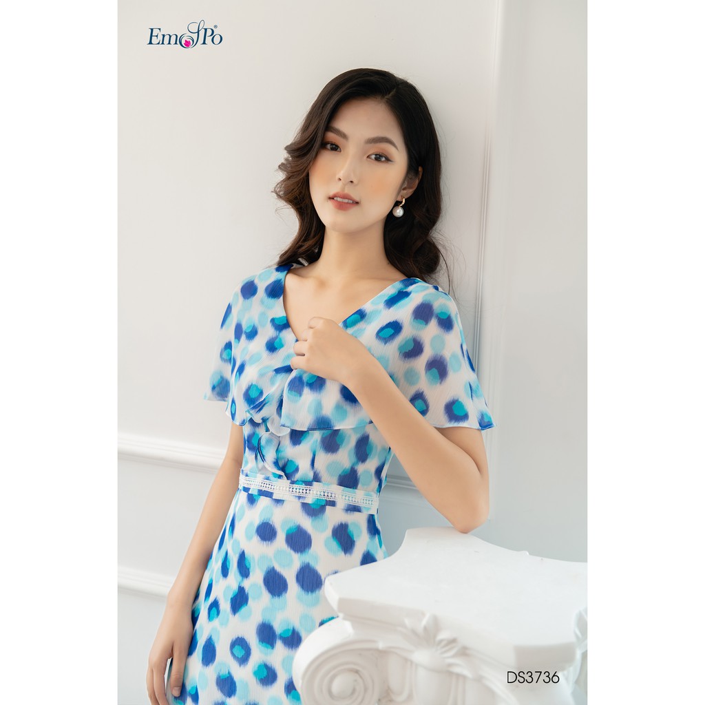 Đầm hoa cổ V, vai chùm, có đai ren nhấn eo Emspo DS3736 (Hồng, Xanh)