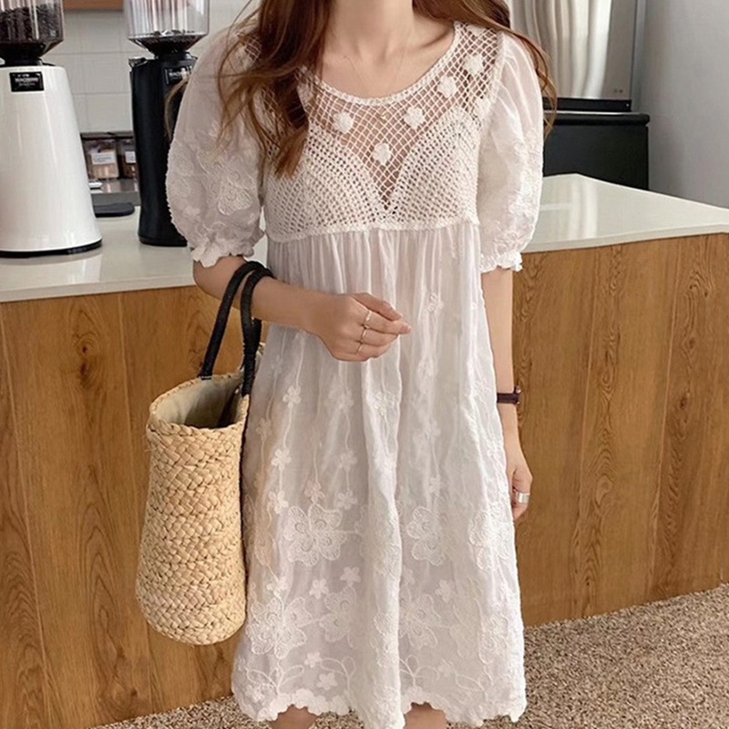 Đầm Midi Dáng Dài Đan Móc Tay Phồng Cổ Tròn Phối Ren Hoa Thời Trang Cho Nữ