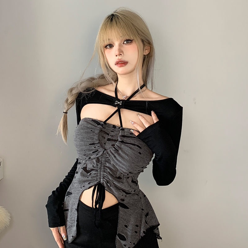 Set Áo Hai Dây Phối Áo Thun Xếp Ly Lệch Tà Màu Sắc Tương Phản Phong Cách Âu Mỹ Thời Trang Cho Nữ