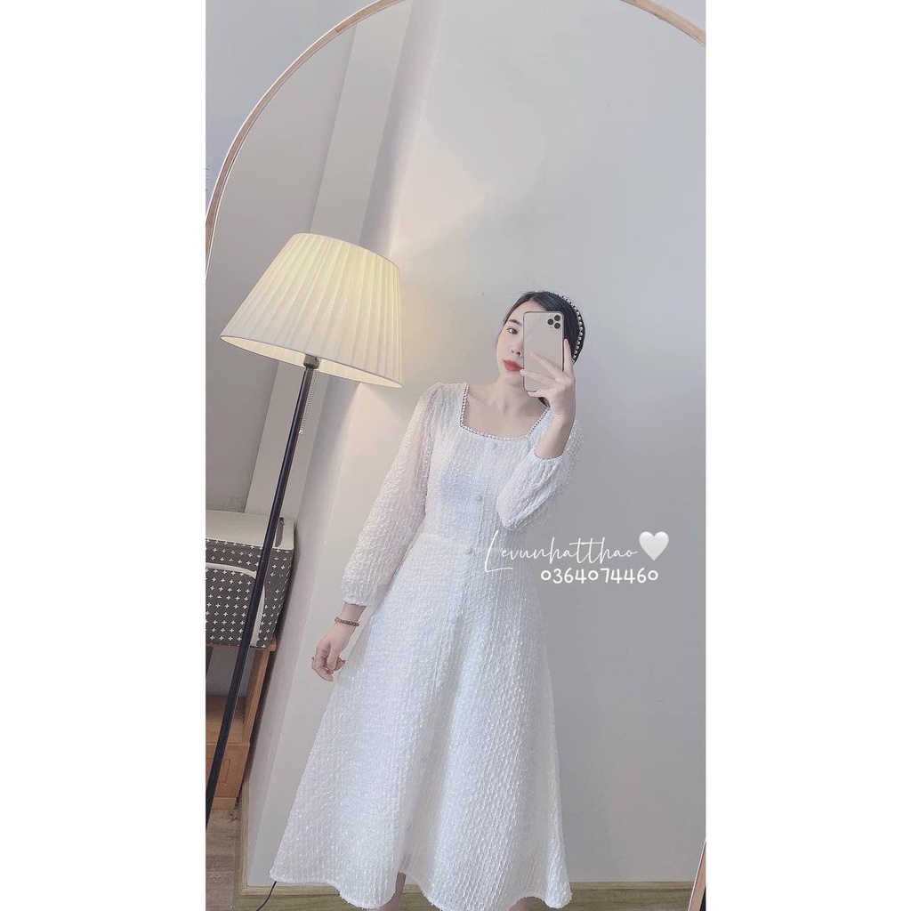 Đầm Trắng Kỷ Yếu Tay Dài Dáng Dài, Váy Trắng Prom Cổ Vuông Ren