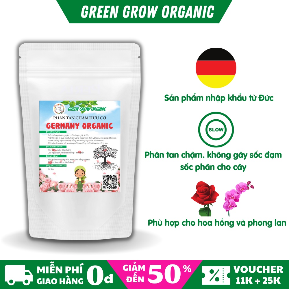 Phân bón hữu cơ tan chậm Germany Organic phân hữu cơ cho hoa hồng túi 1kg giúp rễ khỏe phát triển tốt MS136 GREEN GROW