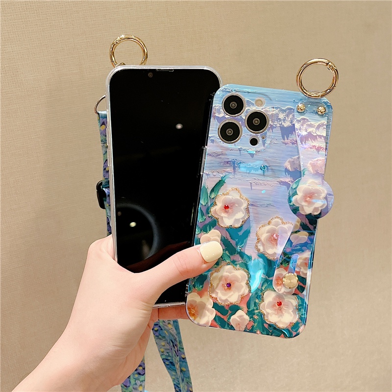 Ốp Điện Thoại Hình Hoa Trà Gắn Dây Đeo Cổ Tay Làm Vòng Đỡ iPhone 14 12 13 11 Pro Max 13 Mini 7 8 Plus SE 2020 2022