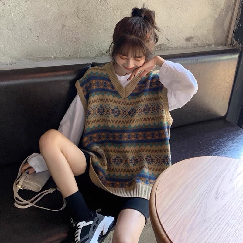 Áo Gile len Ullzang thổ cẩm dáng rộng  ⚡️Ảnh thật / sẵn ⚡️ áo ghi lê hoạ tiết hàn quốc GL11 | BigBuy360 - bigbuy360.vn