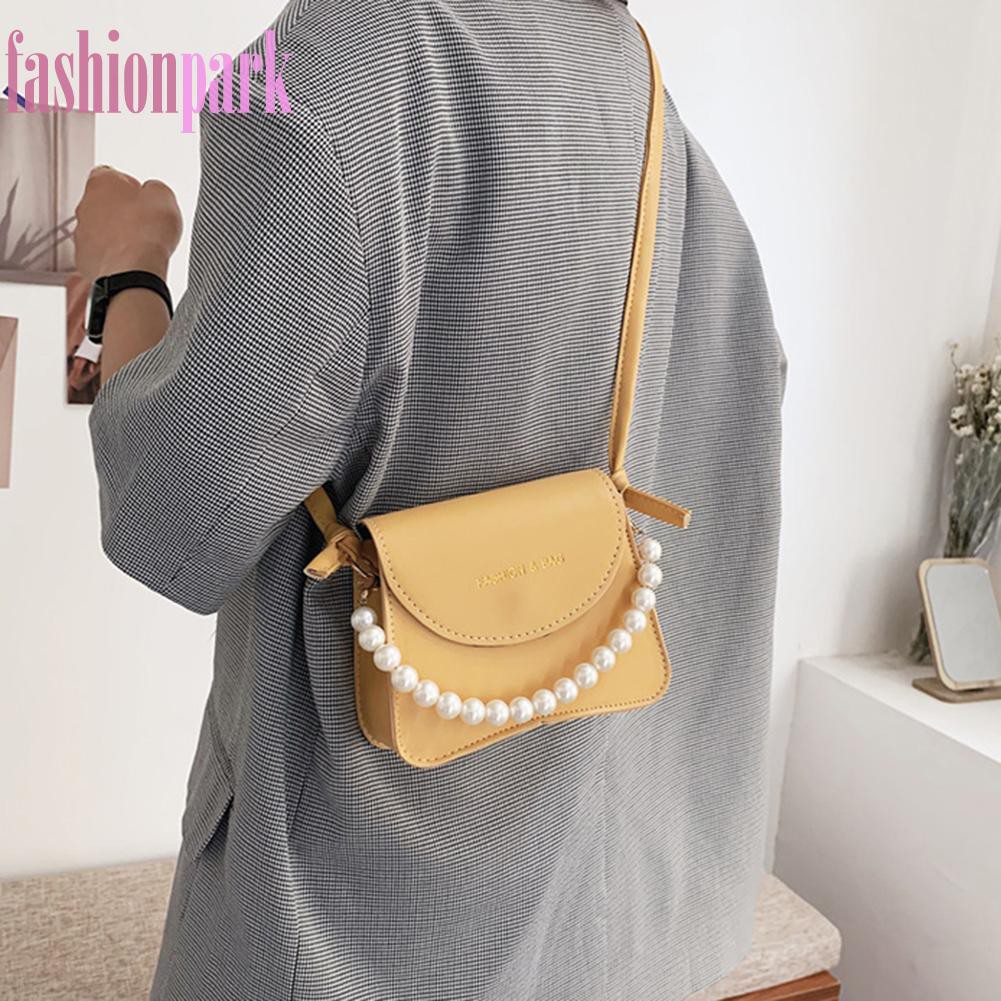 (FAS) Fashion Women PU Crossbody Bag Casual Ladies Pearl Chain Pure Color Handbag