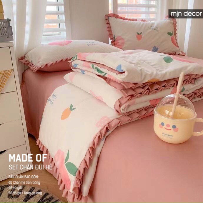 Bộ chăn ga gối Cotton Đũi Bèo Mịn Decor 2021 - Bộ ga giường chăn trần bông mùa hè mềm mịn Phiên Bản 2.0