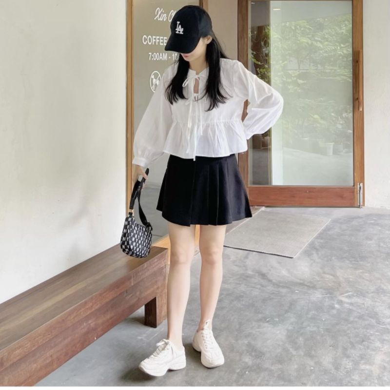Sét áo babydoll buộc dây kèm chân váy tiểu thư xinh