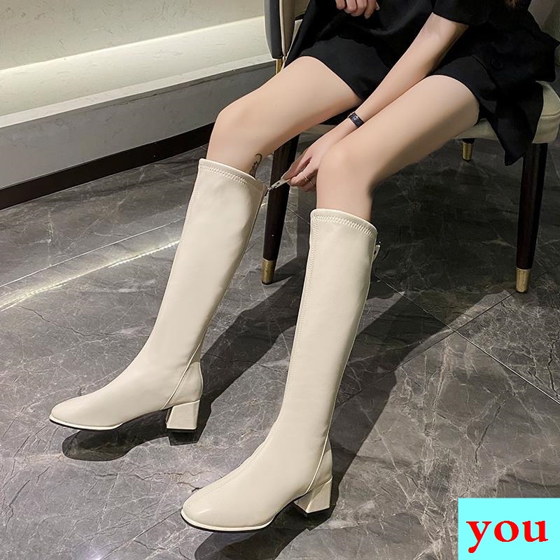 Hàng Có Sẵn Giày Bốt Cao Đến Đầu Gối Màu Trắng Dài Ngang Gối Zhuan2021 Thời Trang Thu Đông Cho Nữ