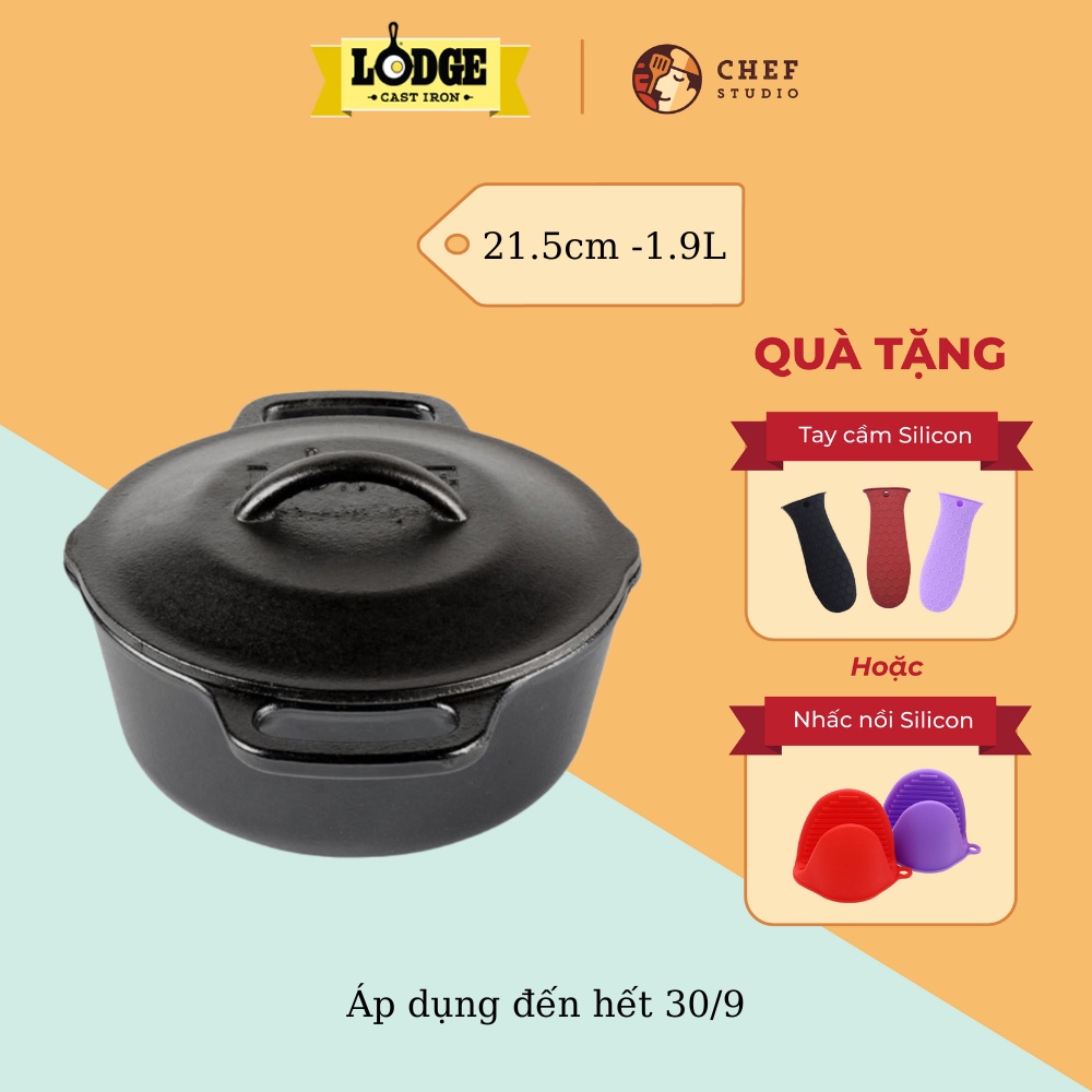 Nồi gang Lodge đường kính 21.5 cm - dung tích 1.9 lít chống dính tự nhiên, dùng được cho mọi loại bếp và lò nướng