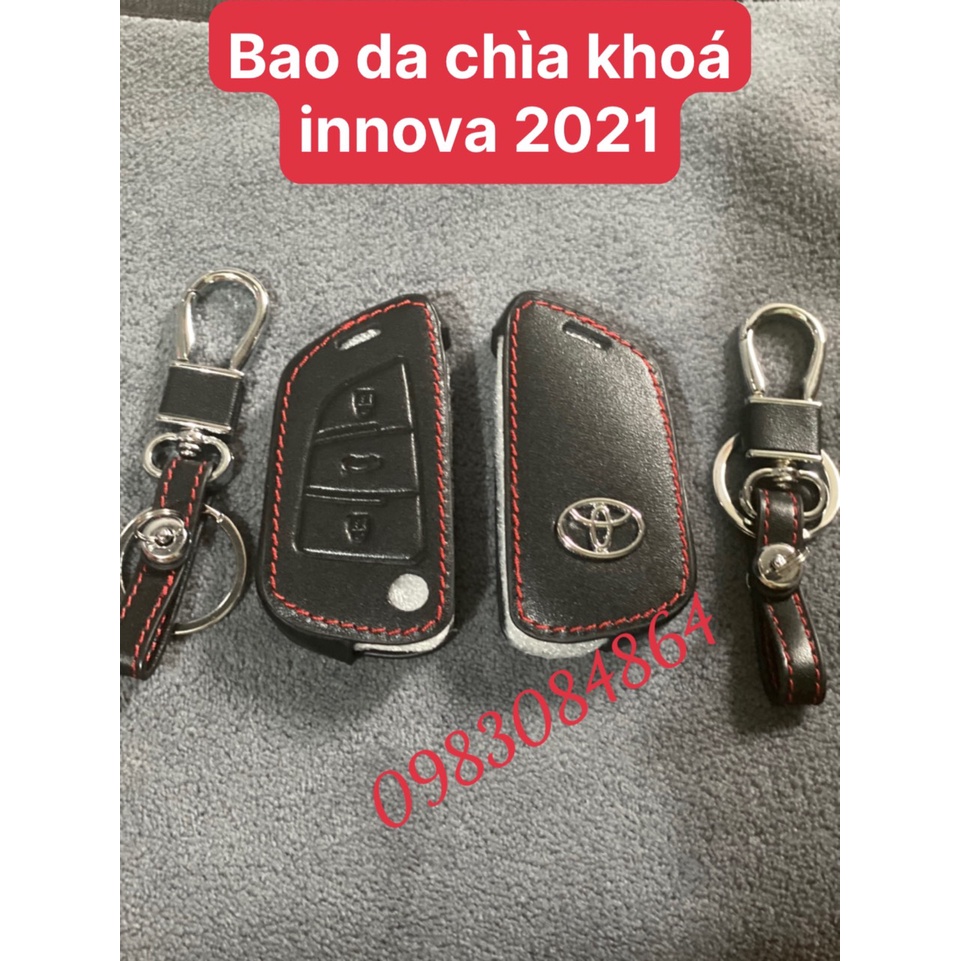 Bao da chìa khóa ô tô Toyota INNOVA 2021 - loại chìa bật - bao da bò chỉ đỏ bền đẹp cao cấp