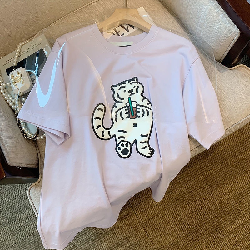 Áo Thun Tay Ngắn Dáng Rộng Chất Liệu Cotton Màu Tím In Họa Tiết Phong Cách Hàn Quốc Thời Trang Mùa Hè Mới Cho Nữ