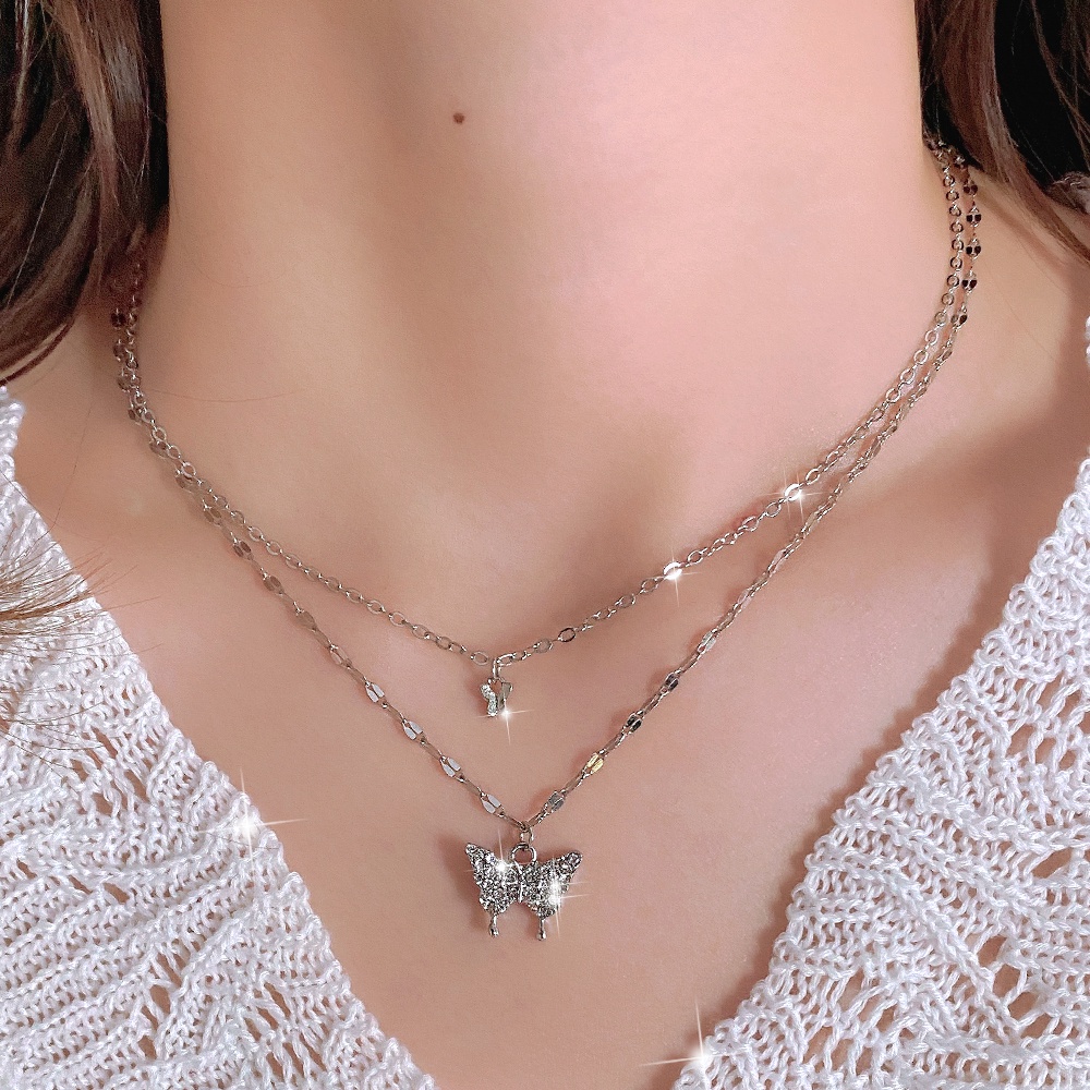 Vòng cổ Hai Lớp Mặt Bướm Đính Đá Thời Trang Cho Nữ