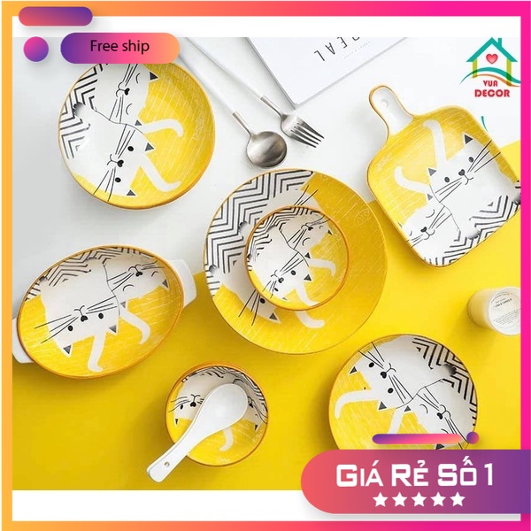 Bát Ăn Cơm Bộ Bát Đĩa Sứ Decor Mèo Vàng Chén Dĩa Dễ Thương Cute Cao Cấp S88