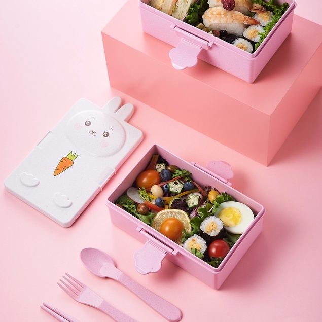 Hộp đựng cơm 2 ngăn lúa mạch kèm đĩa muõng nĩa hình thú
