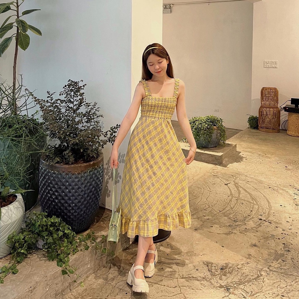 Váy 2 dây đầm dài kẻ nhún ngực đuôi bèo thiết kế Bonheur Tinker Dress