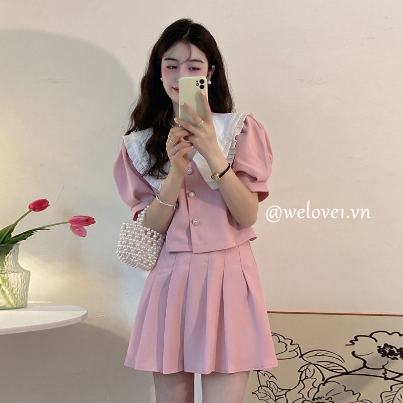 Set Áo Tay Phồng Cổ Búp Bê + Chân Váy Xếp Ly Lưng Cao Thời Trang Nữ