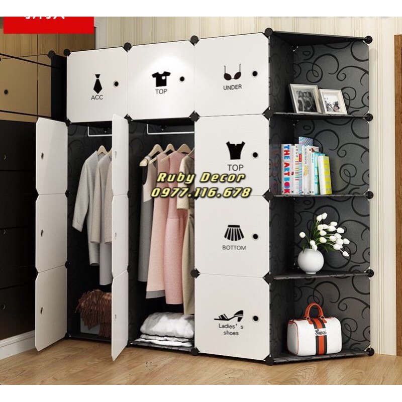 TỦ NHỰA GHÉP 12 Ô &amp; 4 KỆ GÓC ĐỂ QUẦN ÁO THÔNG MINH SIZE TO ( TÙY CHỌN MẪU TỦ )