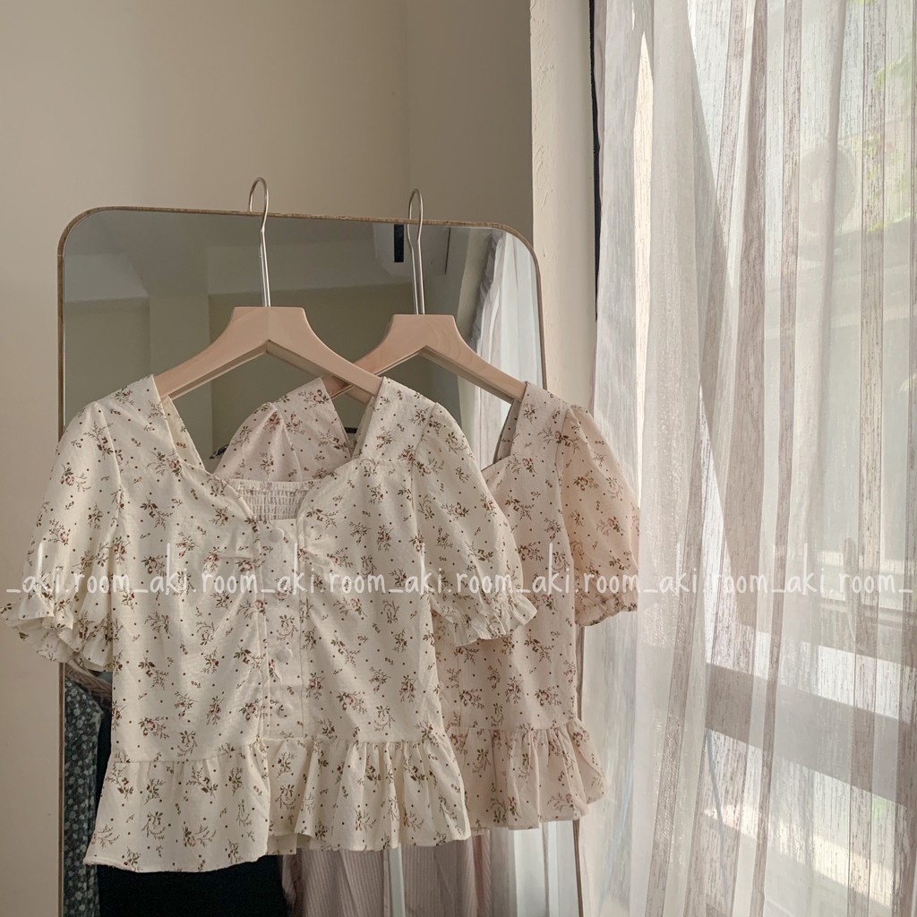 Áo hoa thô đũi dáng peplum cúc bọc lưng chun