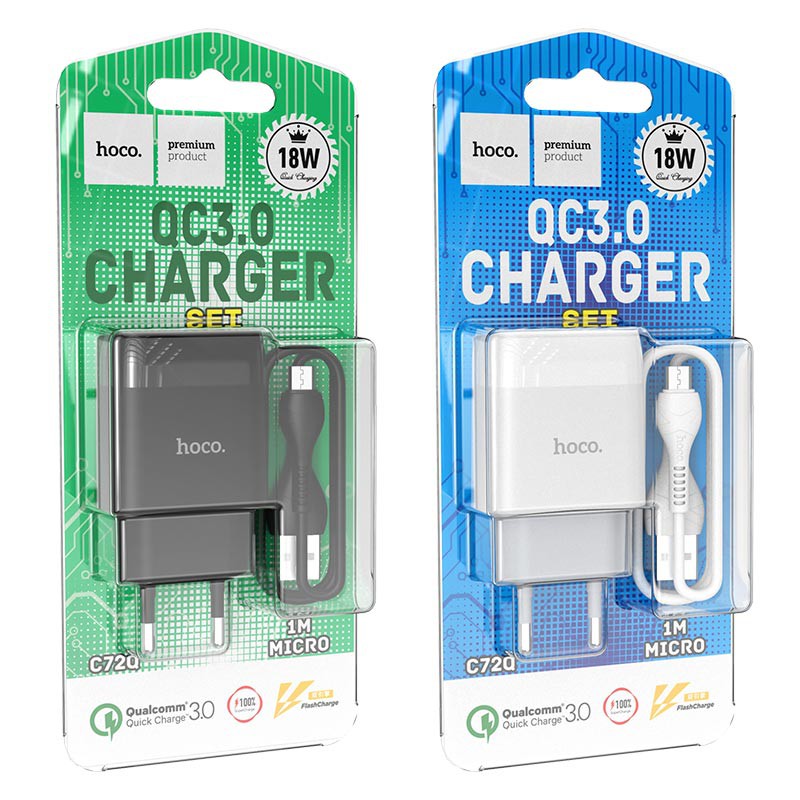 Bộ sạc nhanh 18W Hoco C72Q cổng USB, QC3.0 đầu Micro, Type-C Android dây cáp dài 1m - Chính hãng