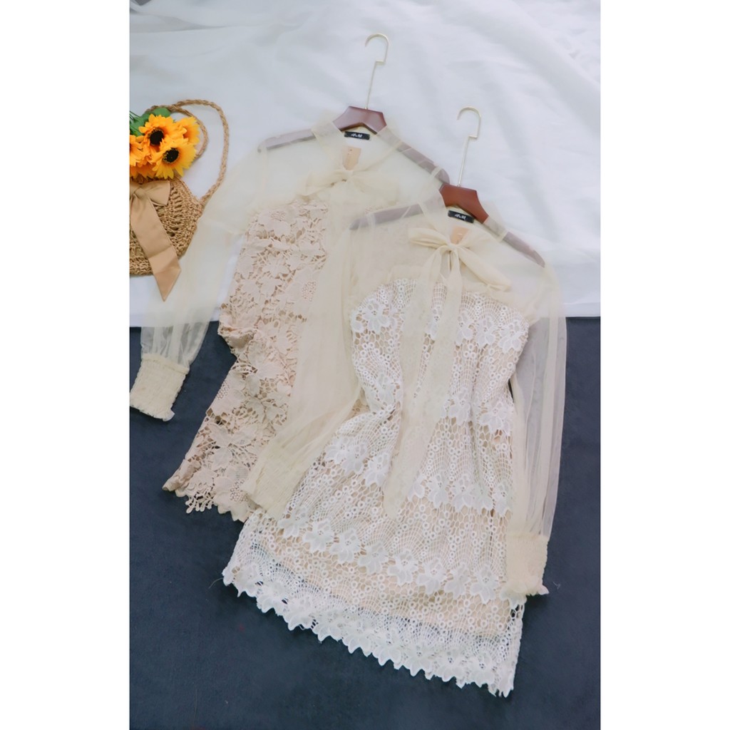 Đầm ren form A tay dài phối lưới-LoveLy clothes