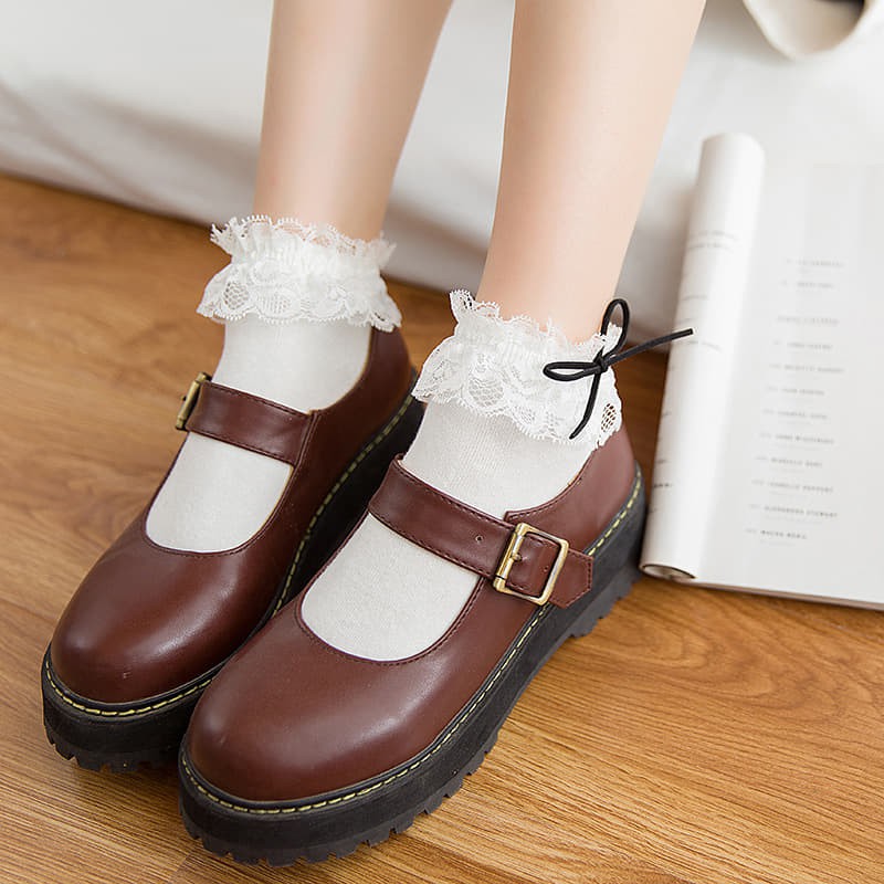 Tất nhún lolita cổ thấp viền ren đính nơ tiểu thư