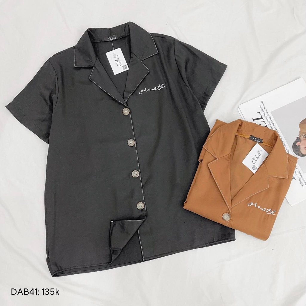 Sơ mi tay lỡ cổ vest thêu chữ sơ mi thêu chữ form rộng Bazic one DAB41 CHIBEST