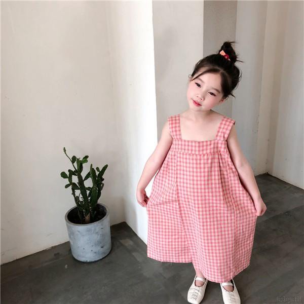 Đầm Yếm Hai Dây Dáng Rộng Họa Tiết Sọc Caro Phong Cách Hàn Quốc Cho Bé Gái 3-4 Tuổi