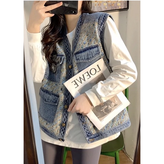 Áo gile dạ Tweed phối bò denim Ulzzang siêu xinh ❤️