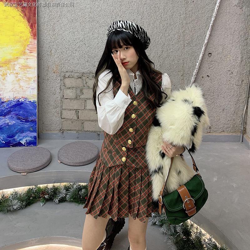 Set áo sơ mi cổ chữ v dài tay + áo vest + chân váy thời trang xuân thu phong cách retro cho nữ 2021