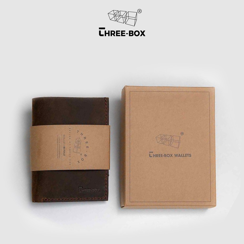 Ví nam Three-Box Bi-Fold da bò sáp nâu nhập khẩu thiết kế tiêu chuẩn