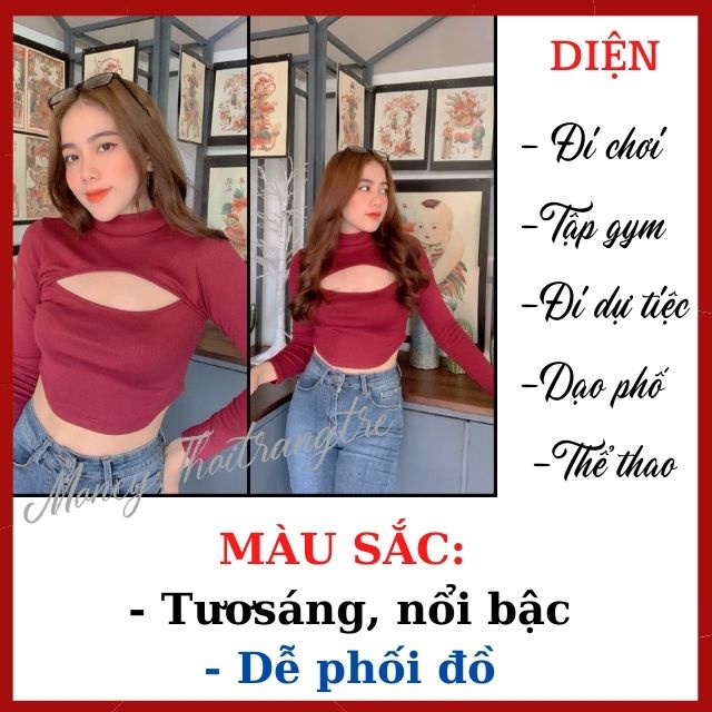 Áo Crop Top Crt Nữ Thun Gân Kiểu Khoét Hở Phần Ngực Sexy Tay Dài Cổ Lọ From Ôm Body Ngắn Ngang Eo, Thời Trang Thể Thao