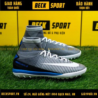 Giày Bóng Đá Mercurial SuperFly Xám Xanh Biển Đế Trắng Cao Cổ TF