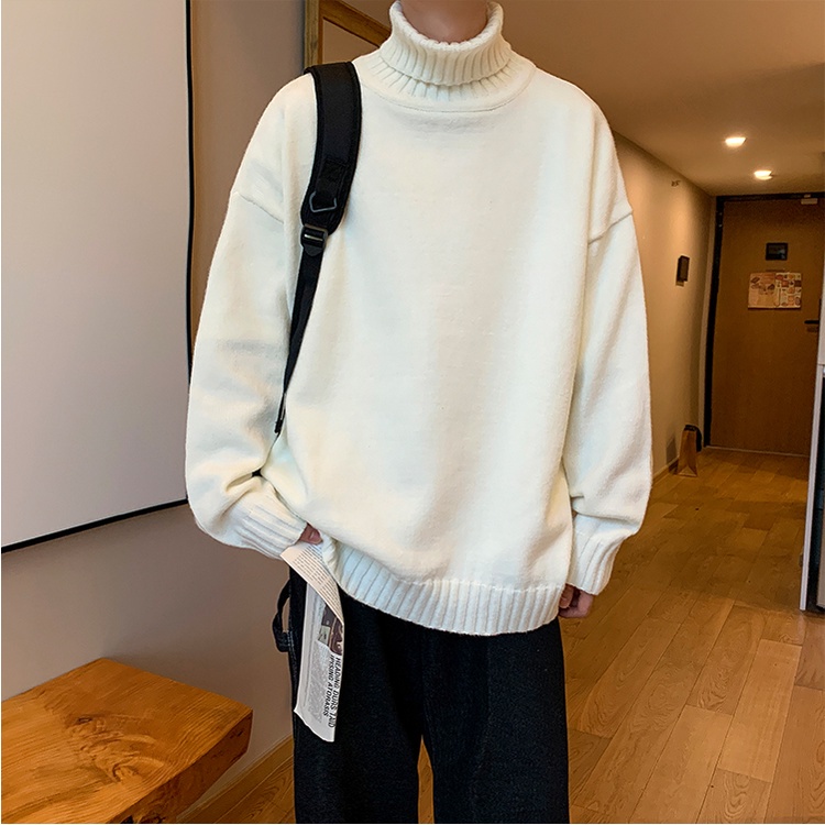 Áo sweater dệt kim dày dáng rộng tay dài cổ lọ màu trơn phong cách Hàn Quốc retro mùa đông cho nam