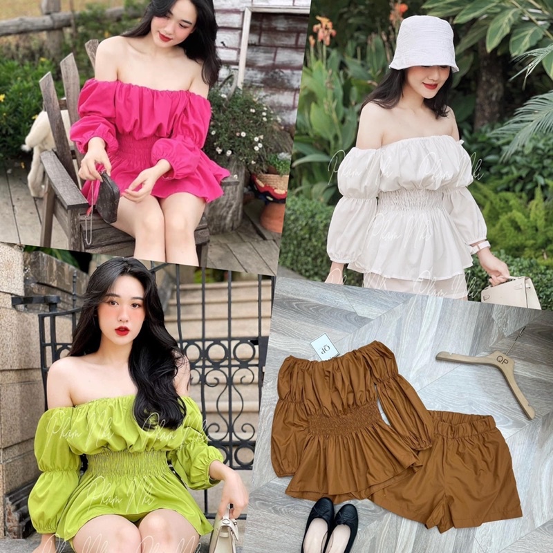 [227] Set Thô Áo Trễ Vai Bèo Chun Eo 4 Màu Siêu Xinh Có Ảnh Thật Kèm Video