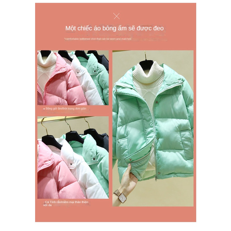 Áo khoác phao cotton cổ đứng dáng rộng phong cách Hàn Quốc thời trang mùa đông cho nữ