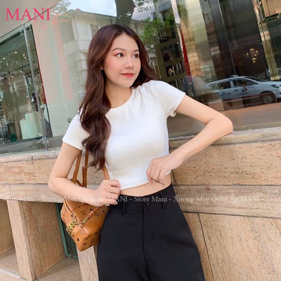 Áo kiểu croptop nữ ôm body tay ngắn cổ tròn basic màu đen trắng chất vải cotton bozip siêu xinh