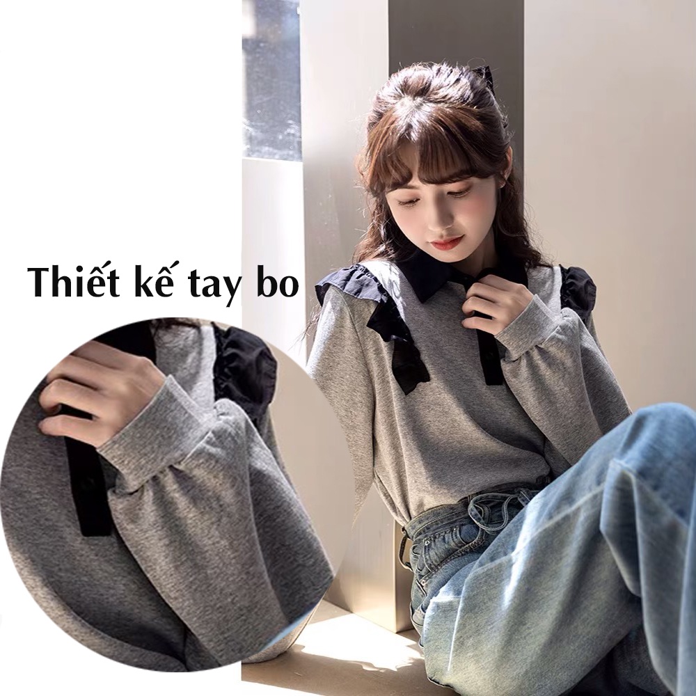 Áo thun polo nữ dài tay dây rút phối viền bèo nhún dàng ngắn Croptop ALALA thu đông