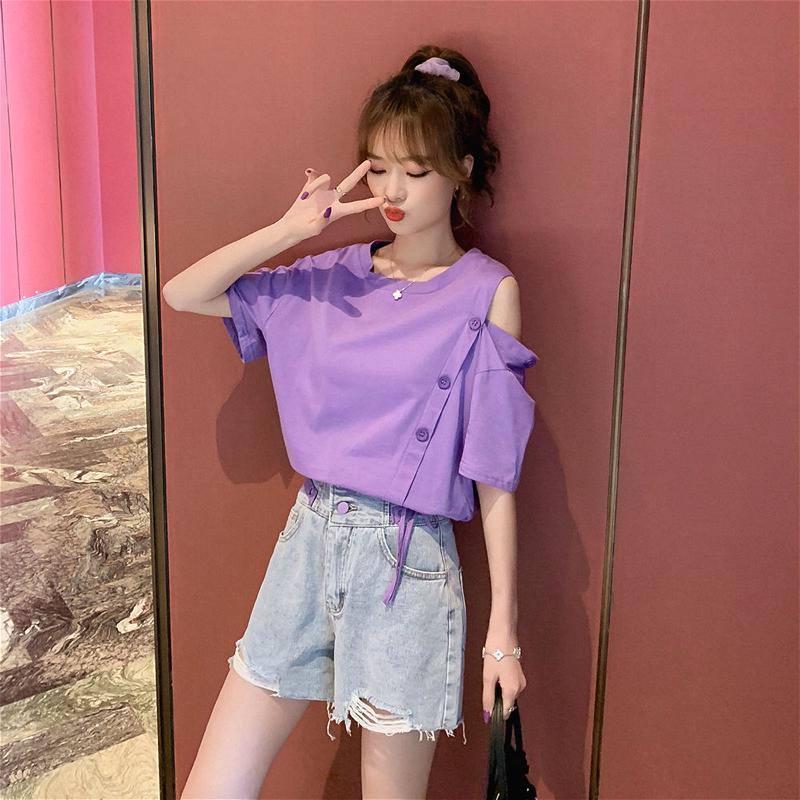 Áo thun tay ngắn thiết kế trễ vai phối dây rút thời trang hàn Quốc