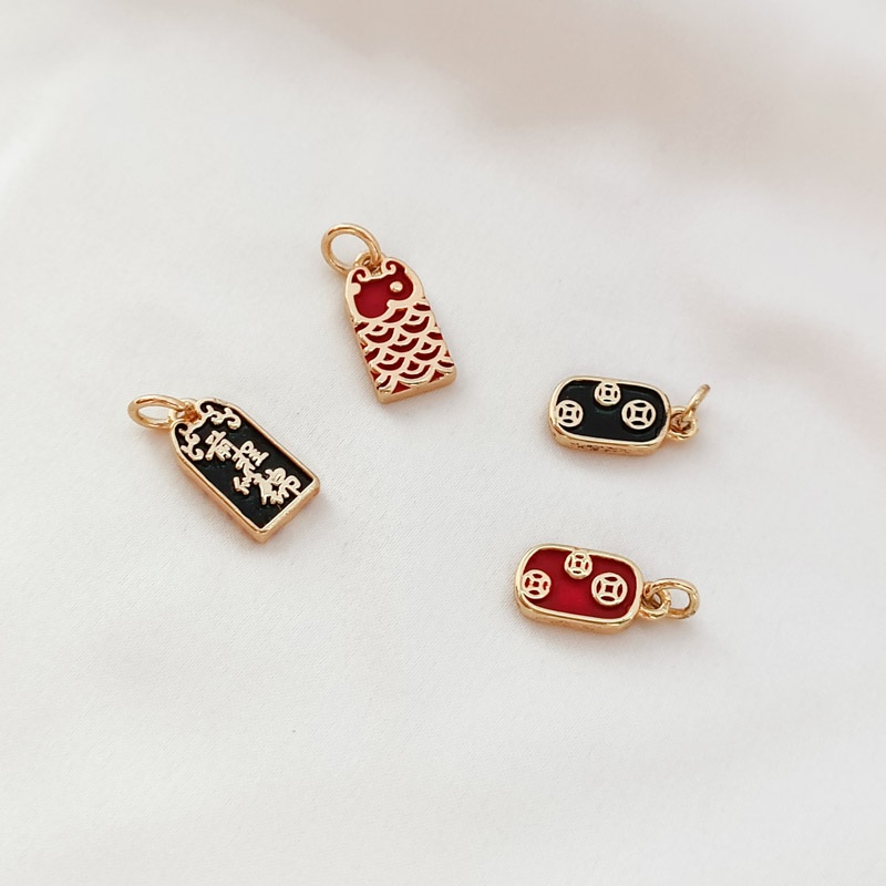 Mặt Dây Chuyền Đồng Xu Hai Mặt Màu Đỏ Đen 14K DIY