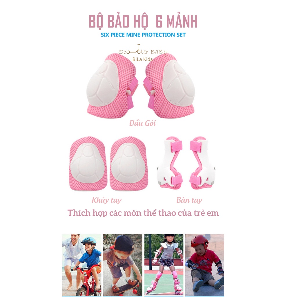 Bộ bảo hộ tay chân 6 món cao cấp, mũ bảo hiểm cho bé 2-8 tuổi tập đi, scooter, trượt patin, đạp xe BILA KIDS