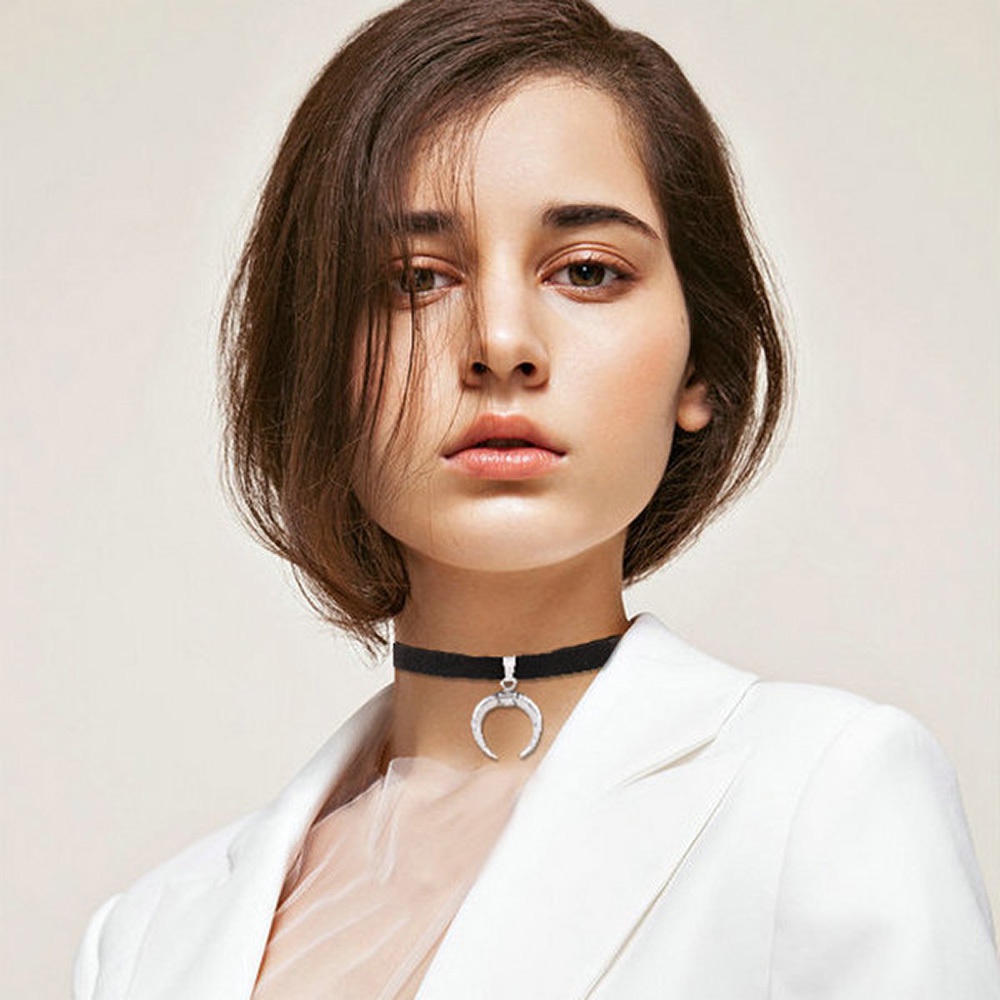 Vòng Cổ Choker Dây Nhung Đen Mặt Trăng Khuyết Phong Cách Gothic Punk Cho Nữ