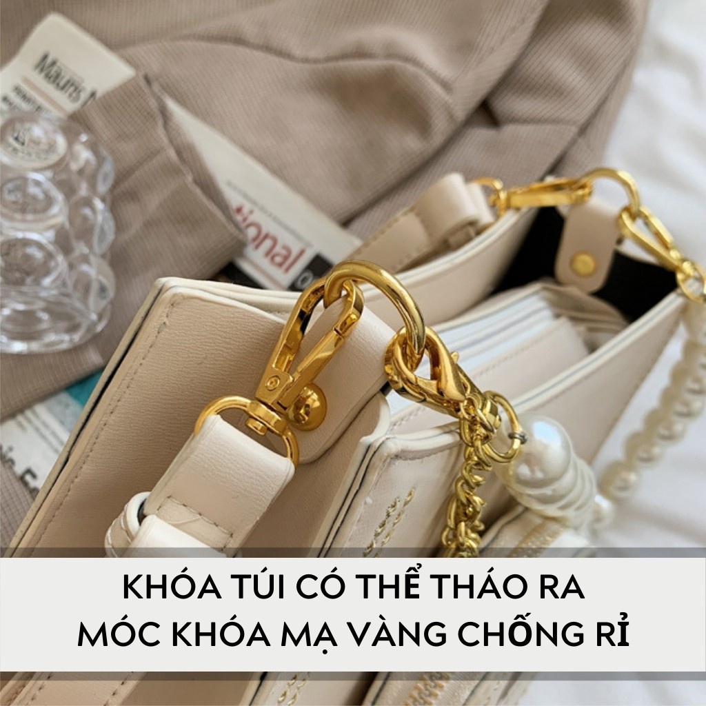 Túi Kẹp Nách Nữ Đẹp Cao Cấp, Túi Xách Nữ Đeo Chéo Công Sở Phối Ngọc Trắng Kèm Ví Mini Xinh