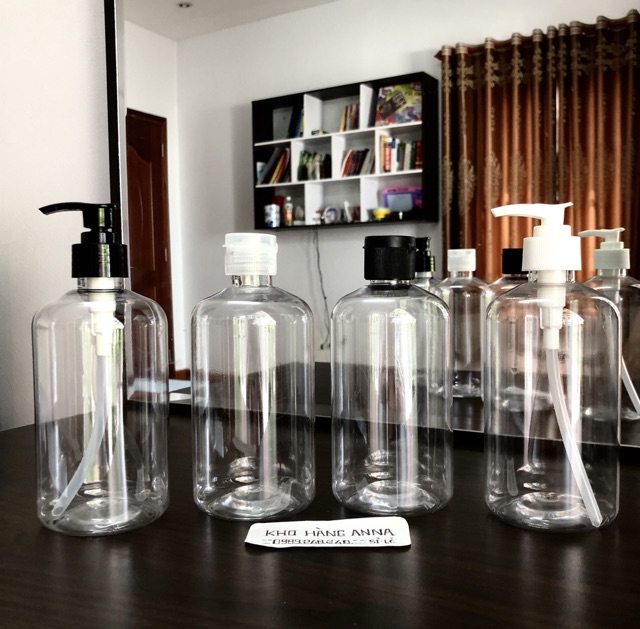 CHAI NHỰA TRONG SUỐT/ NÂU 500ML Vòi nhấn nhỏ giọt, Nắp bật nhỏ giọt, xịt sương- Chai Pet 500ml đựng dầu gội nắp Vặn đen