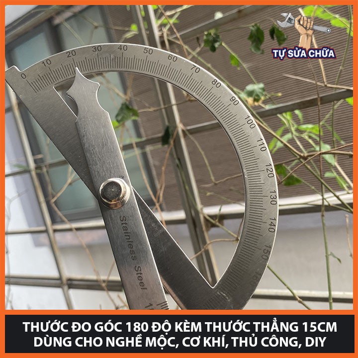 Thước đo góc 180 độ kèm thước thẳng 15cm dùng cho nghề mộc, cơ khí, thủ công, DIY