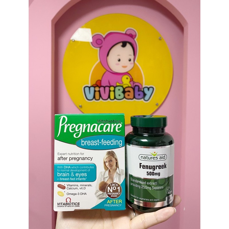 Combo lợi sữa vitamin bú Pregnacare breastfeeding và cỏ cà ri Fenugreek hàng chính hãng UK