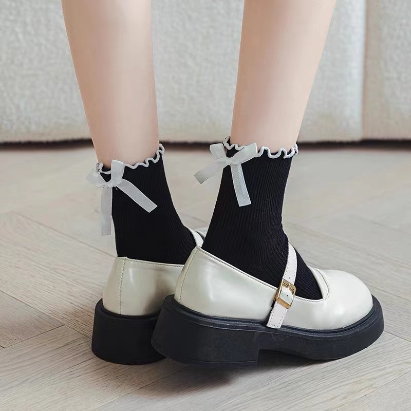 Vớ Cotton Màu Trơn Đính Nơ Phong Cách Lolita Dễ Thương Thời Trang Xuân Thu Cho Nữ